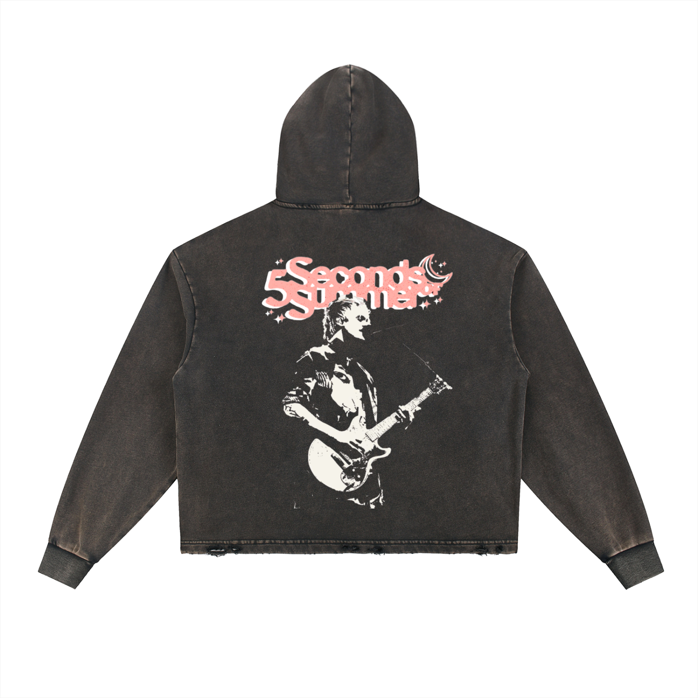 Vintage Washed “Five Seconds Of Summer” Frayed-Hem Hoodie