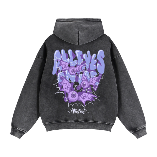 “All Eyes On Me” Purple Graphic Oversized Washed Zip Up Hoodie