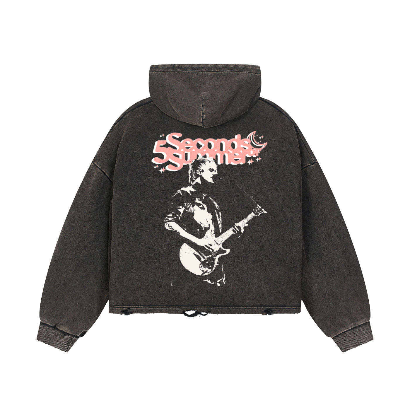 Vintage Washed “Five Seconds Of Summer” Frayed-Hem Hoodie